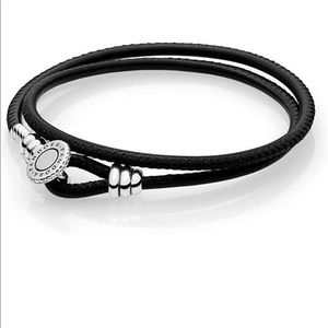 Pandora Silver CZ Black Double Leather Bracelet